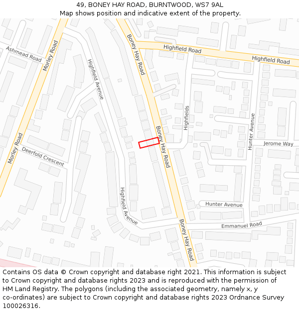 49, BONEY HAY ROAD, BURNTWOOD, WS7 9AL: Location map and indicative extent of plot