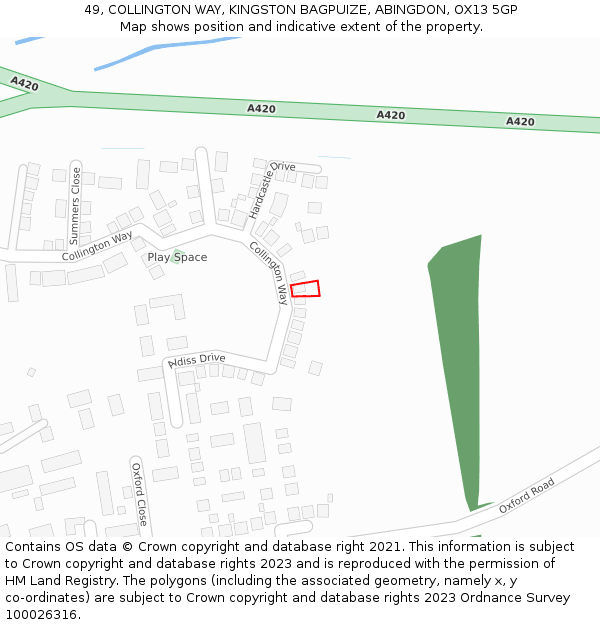 49, COLLINGTON WAY, KINGSTON BAGPUIZE, ABINGDON, OX13 5GP: Location map and indicative extent of plot