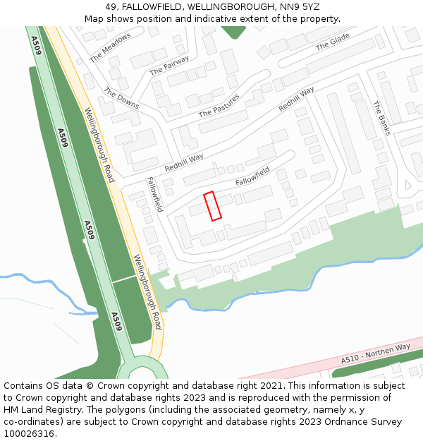 49, FALLOWFIELD, WELLINGBOROUGH, NN9 5YZ: Location map and indicative extent of plot