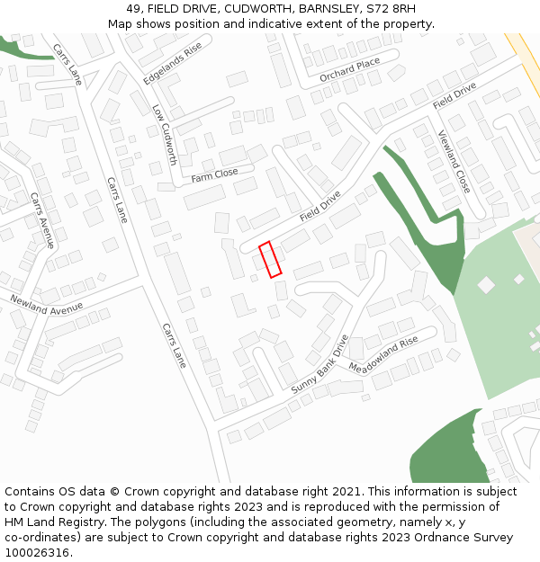 49, FIELD DRIVE, CUDWORTH, BARNSLEY, S72 8RH: Location map and indicative extent of plot