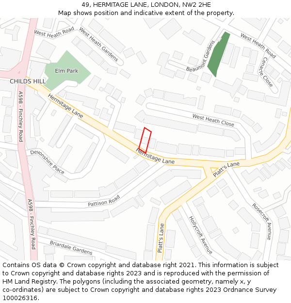 49, HERMITAGE LANE, LONDON, NW2 2HE: Location map and indicative extent of plot