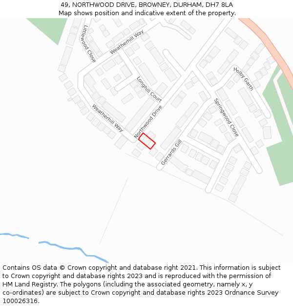 49, NORTHWOOD DRIVE, BROWNEY, DURHAM, DH7 8LA: Location map and indicative extent of plot