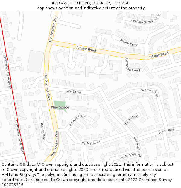 49, OAKFIELD ROAD, BUCKLEY, CH7 2AR: Location map and indicative extent of plot