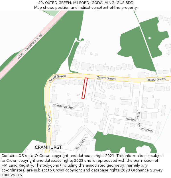 49, OXTED GREEN, MILFORD, GODALMING, GU8 5DD: Location map and indicative extent of plot