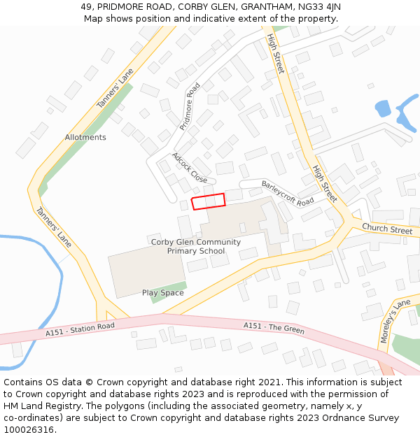 49, PRIDMORE ROAD, CORBY GLEN, GRANTHAM, NG33 4JN: Location map and indicative extent of plot