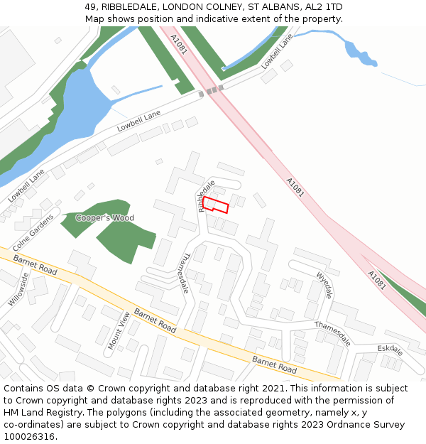 49, RIBBLEDALE, LONDON COLNEY, ST ALBANS, AL2 1TD: Location map and indicative extent of plot