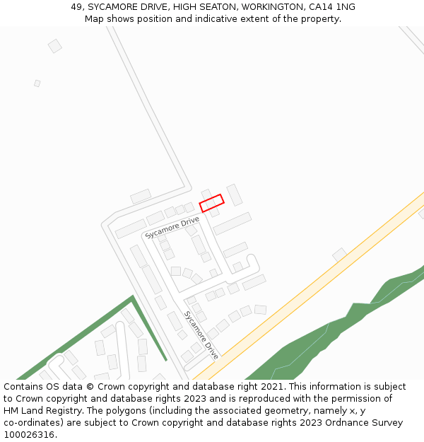 49, SYCAMORE DRIVE, HIGH SEATON, WORKINGTON, CA14 1NG: Location map and indicative extent of plot