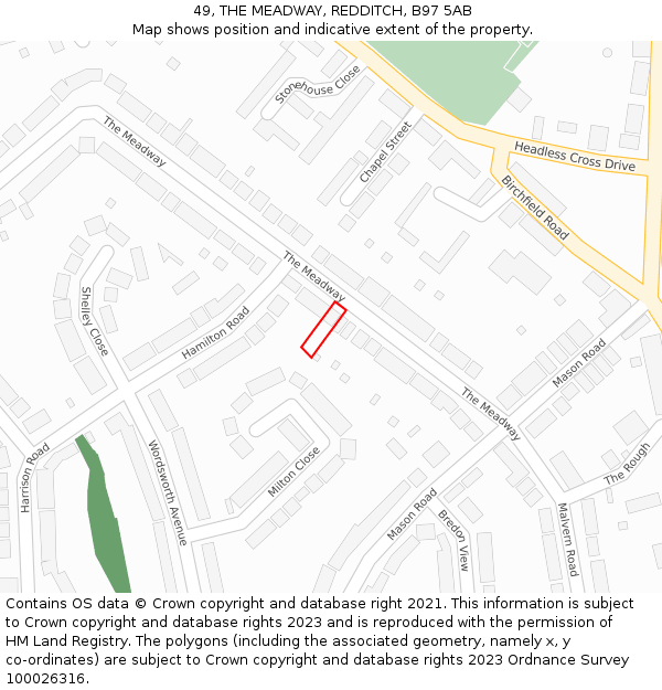 49, THE MEADWAY, REDDITCH, B97 5AB: Location map and indicative extent of plot