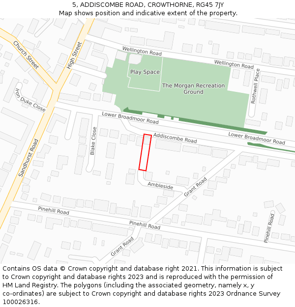 5, ADDISCOMBE ROAD, CROWTHORNE, RG45 7JY: Location map and indicative extent of plot