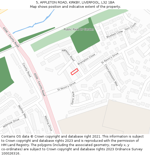 5, APPLETON ROAD, KIRKBY, LIVERPOOL, L32 1BA: Location map and indicative extent of plot