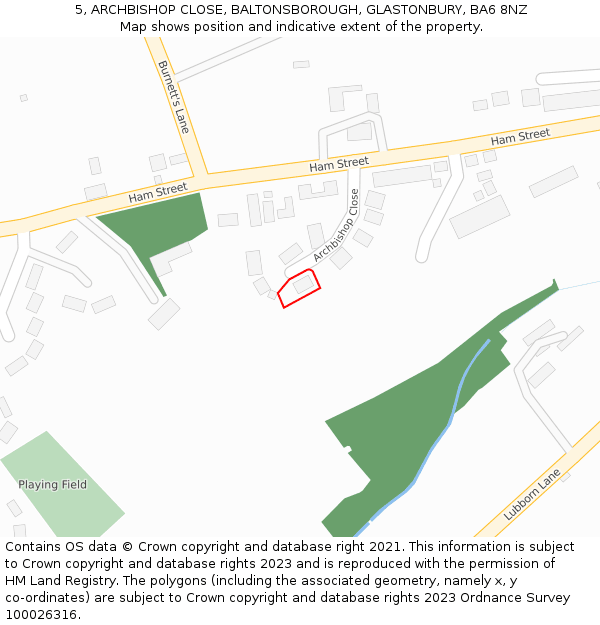 5, ARCHBISHOP CLOSE, BALTONSBOROUGH, GLASTONBURY, BA6 8NZ: Location map and indicative extent of plot