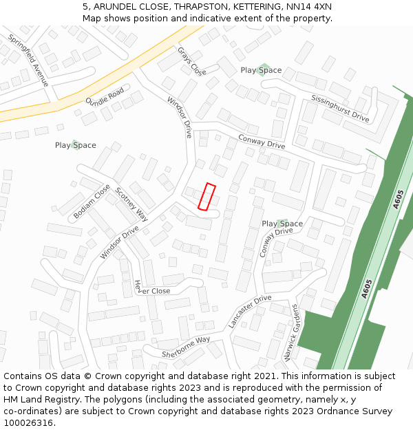 5, ARUNDEL CLOSE, THRAPSTON, KETTERING, NN14 4XN: Location map and indicative extent of plot