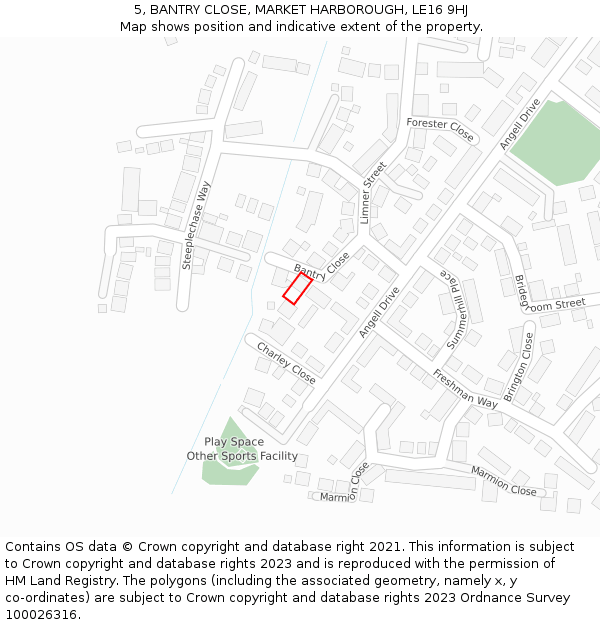 5, BANTRY CLOSE, MARKET HARBOROUGH, LE16 9HJ: Location map and indicative extent of plot