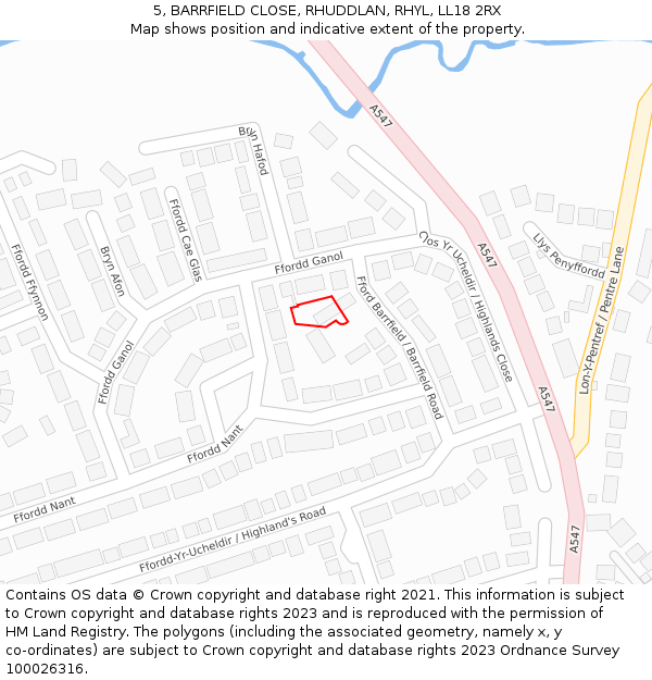 5, BARRFIELD CLOSE, RHUDDLAN, RHYL, LL18 2RX: Location map and indicative extent of plot