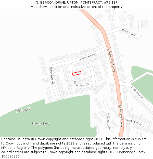 5, BEACON DRIVE, UPTON, PONTEFRACT, WF9 1EF: Location map and indicative extent of plot