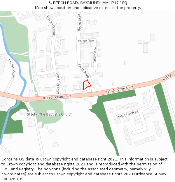 5, BEECH ROAD, SAXMUNDHAM, IP17 1FQ: Location map and indicative extent of plot