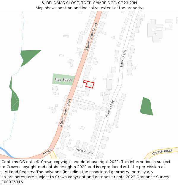 5, BELDAMS CLOSE, TOFT, CAMBRIDGE, CB23 2RN: Location map and indicative extent of plot