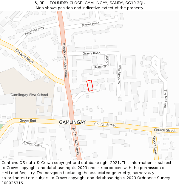 5, BELL FOUNDRY CLOSE, GAMLINGAY, SANDY, SG19 3QU: Location map and indicative extent of plot