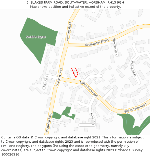 5, BLAKES FARM ROAD, SOUTHWATER, HORSHAM, RH13 9GH: Location map and indicative extent of plot