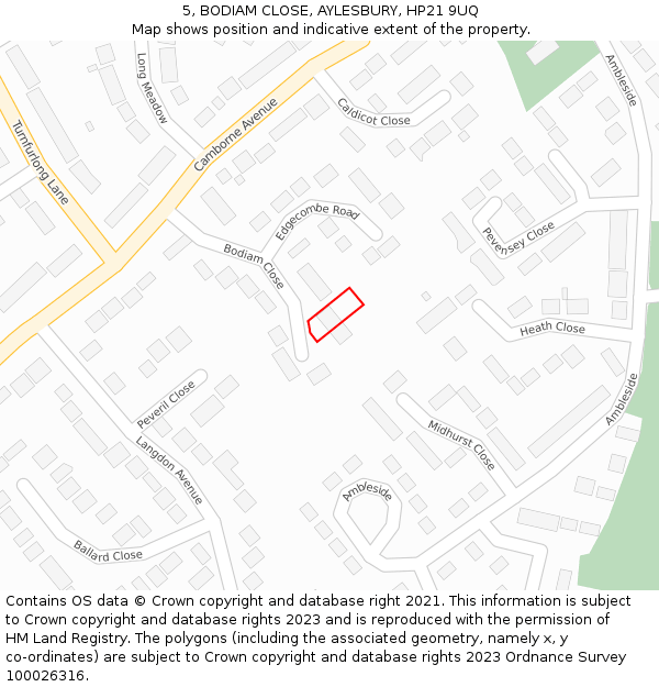 5, BODIAM CLOSE, AYLESBURY, HP21 9UQ: Location map and indicative extent of plot