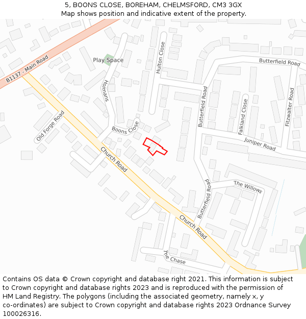 5, BOONS CLOSE, BOREHAM, CHELMSFORD, CM3 3GX: Location map and indicative extent of plot