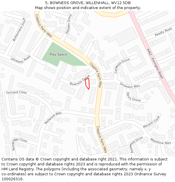 5, BOWNESS GROVE, WILLENHALL, WV12 5DB: Location map and indicative extent of plot