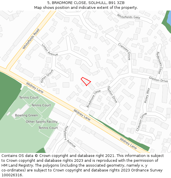 5, BRADMORE CLOSE, SOLIHULL, B91 3ZB: Location map and indicative extent of plot