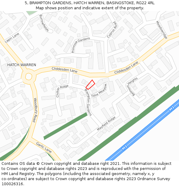 5, BRAMPTON GARDENS, HATCH WARREN, BASINGSTOKE, RG22 4RL: Location map and indicative extent of plot