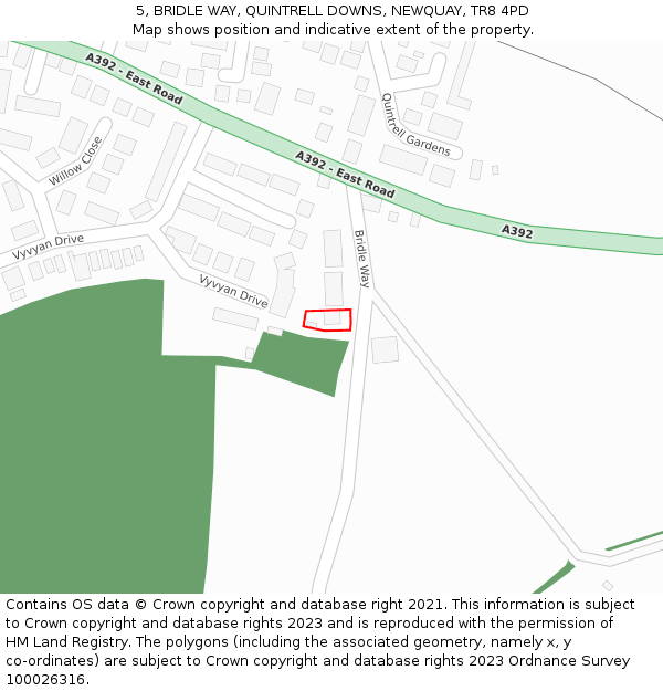 5, BRIDLE WAY, QUINTRELL DOWNS, NEWQUAY, TR8 4PD: Location map and indicative extent of plot