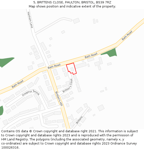 5, BRITTENS CLOSE, PAULTON, BRISTOL, BS39 7RZ: Location map and indicative extent of plot