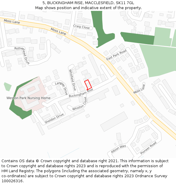 5, BUCKINGHAM RISE, MACCLESFIELD, SK11 7GL: Location map and indicative extent of plot