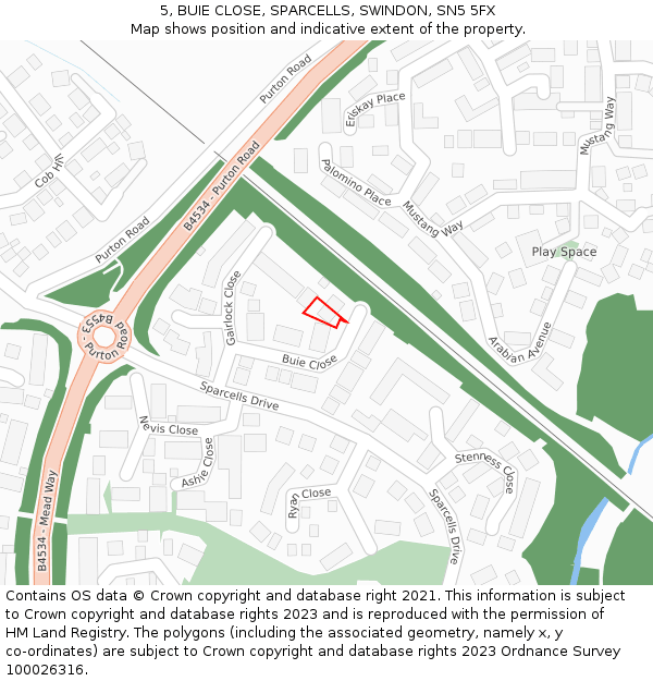 5, BUIE CLOSE, SPARCELLS, SWINDON, SN5 5FX: Location map and indicative extent of plot