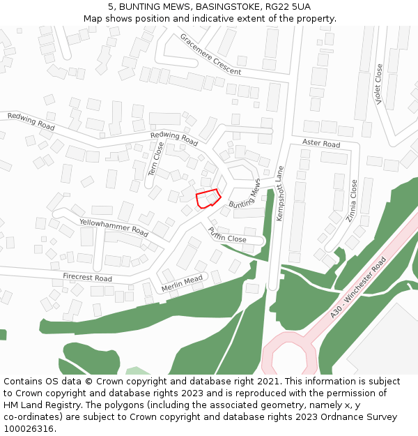 5, BUNTING MEWS, BASINGSTOKE, RG22 5UA: Location map and indicative extent of plot