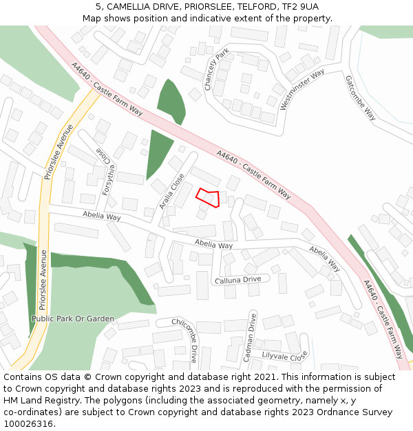 5, CAMELLIA DRIVE, PRIORSLEE, TELFORD, TF2 9UA: Location map and indicative extent of plot