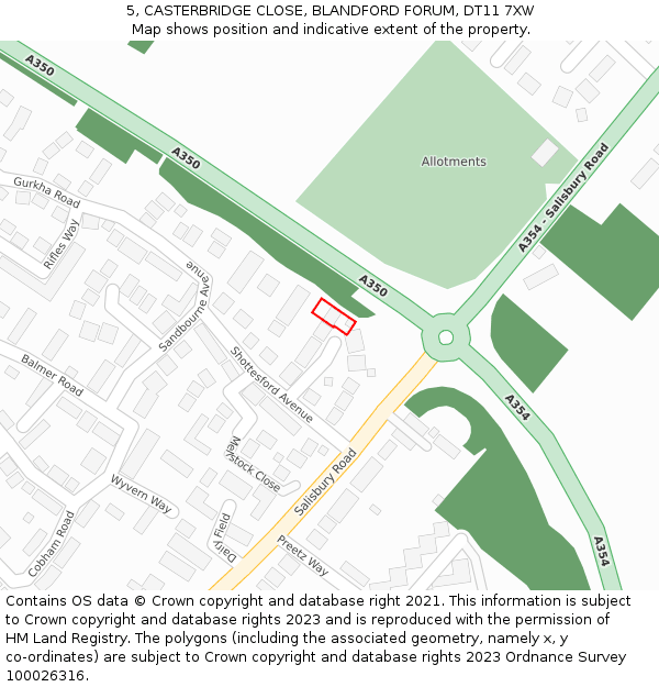 5, CASTERBRIDGE CLOSE, BLANDFORD FORUM, DT11 7XW: Location map and indicative extent of plot