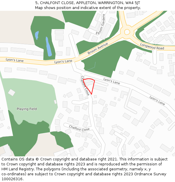 5, CHALFONT CLOSE, APPLETON, WARRINGTON, WA4 5JT: Location map and indicative extent of plot