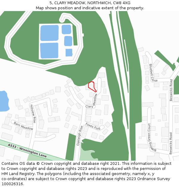 5, CLARY MEADOW, NORTHWICH, CW8 4XG: Location map and indicative extent of plot