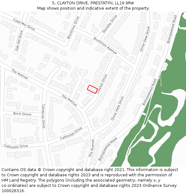 5, CLAYTON DRIVE, PRESTATYN, LL19 9RW: Location map and indicative extent of plot