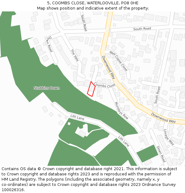 5, COOMBS CLOSE, WATERLOOVILLE, PO8 0HE: Location map and indicative extent of plot