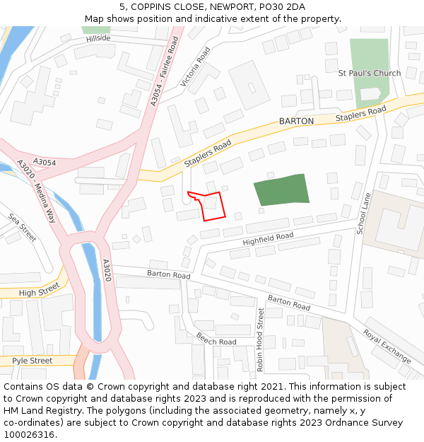 5, COPPINS CLOSE, NEWPORT, PO30 2DA: Location map and indicative extent of plot