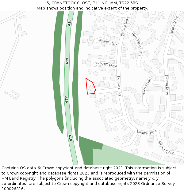 5, CRANSTOCK CLOSE, BILLINGHAM, TS22 5RS: Location map and indicative extent of plot