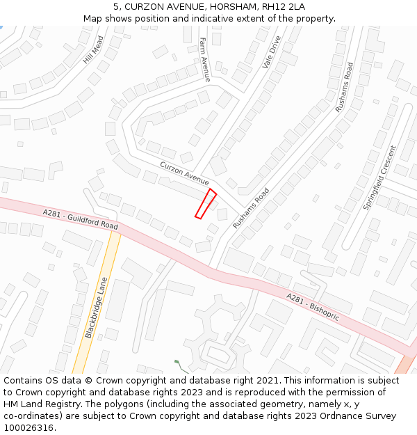 5, CURZON AVENUE, HORSHAM, RH12 2LA: Location map and indicative extent of plot