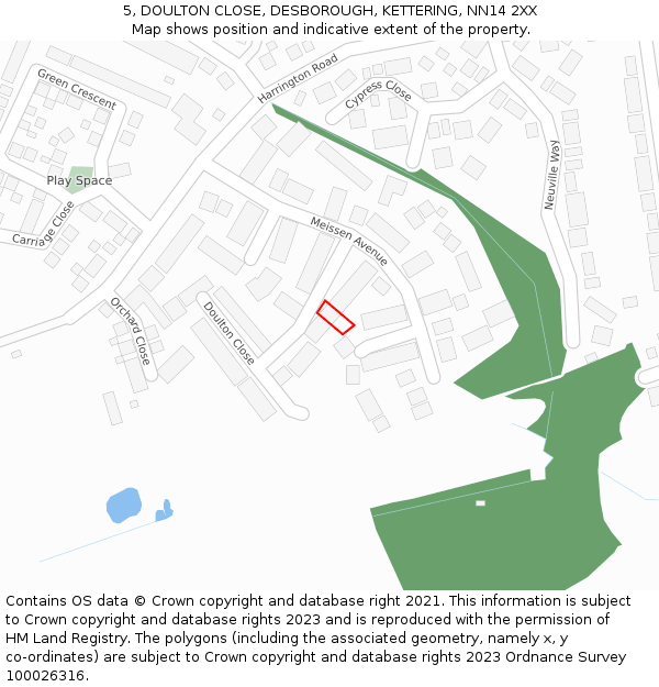 5, DOULTON CLOSE, DESBOROUGH, KETTERING, NN14 2XX: Location map and indicative extent of plot