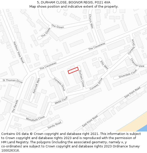 5, DURHAM CLOSE, BOGNOR REGIS, PO21 4XA: Location map and indicative extent of plot