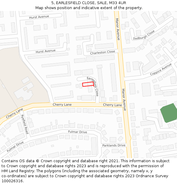 5, EARLESFIELD CLOSE, SALE, M33 4UR: Location map and indicative extent of plot