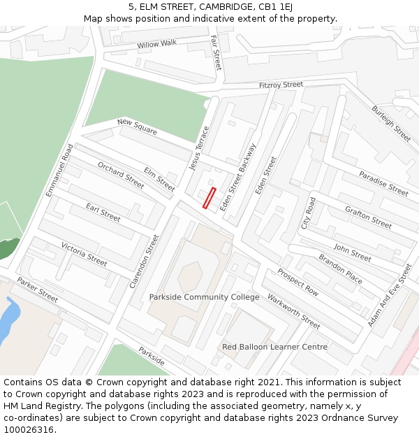 5, ELM STREET, CAMBRIDGE, CB1 1EJ: Location map and indicative extent of plot