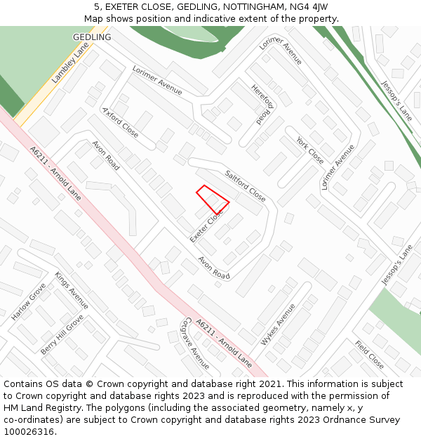 5, EXETER CLOSE, GEDLING, NOTTINGHAM, NG4 4JW: Location map and indicative extent of plot