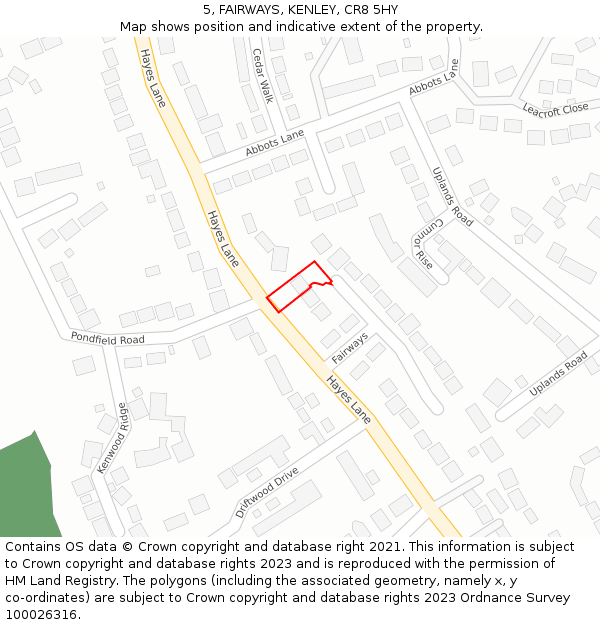 5, FAIRWAYS, KENLEY, CR8 5HY: Location map and indicative extent of plot