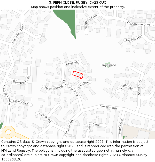 5, FERN CLOSE, RUGBY, CV23 0UQ: Location map and indicative extent of plot