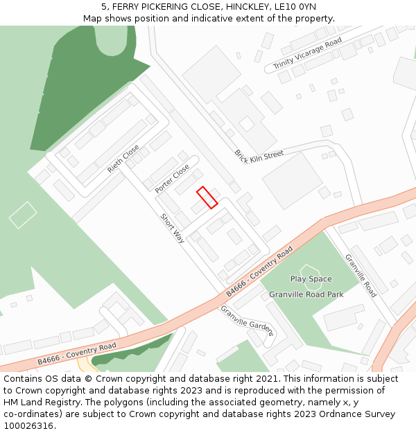 5, FERRY PICKERING CLOSE, HINCKLEY, LE10 0YN: Location map and indicative extent of plot